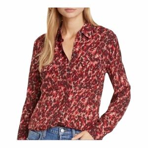 Equipment Slim Signature Jacquard Shirt Floral Leopard Print Viscose Size XS Red
